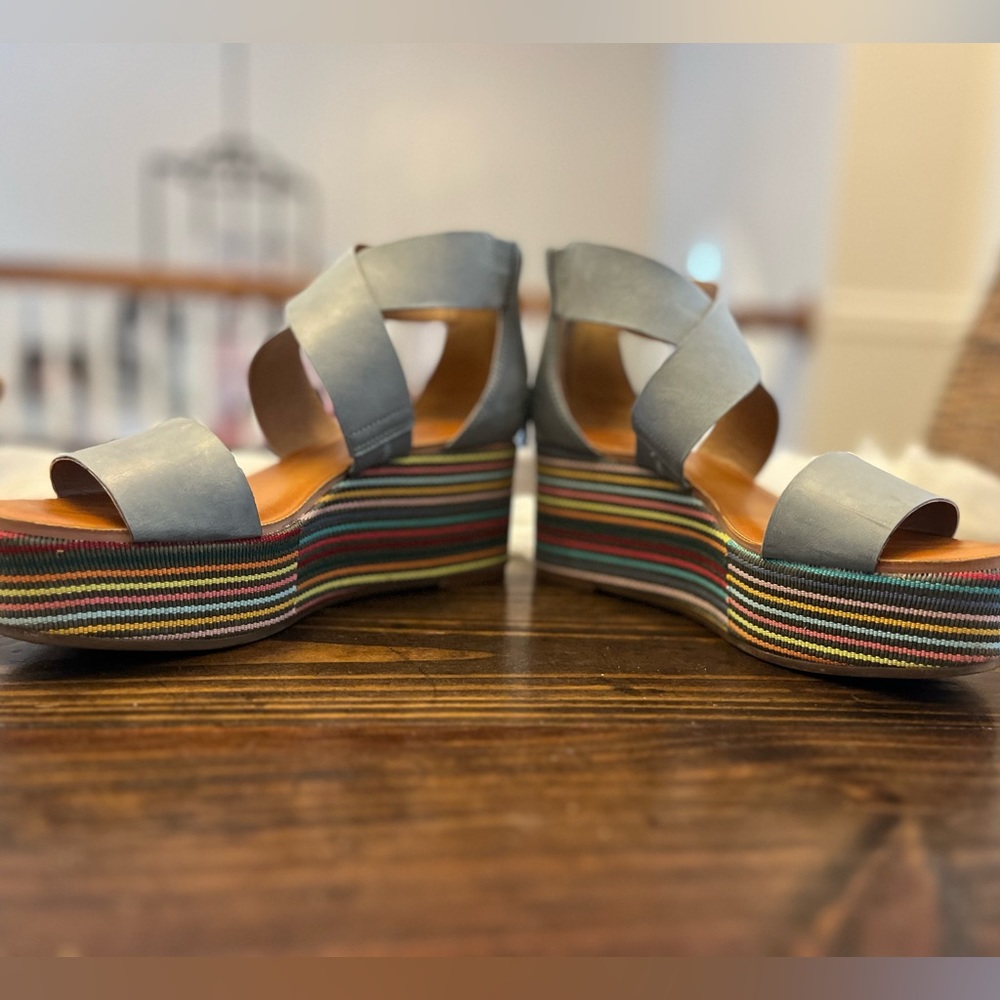 LUCKY BRAND Women Size 6.5 Cloud Blue Leather Gwindolin Espadrille Wedge Sandal
